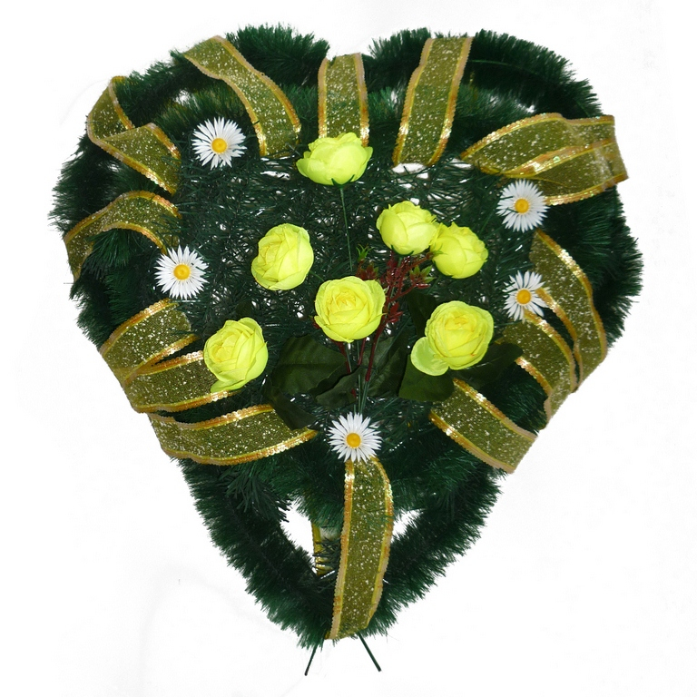Венок ритуальный в форме сердца ромашки и розы с лентой 70см
