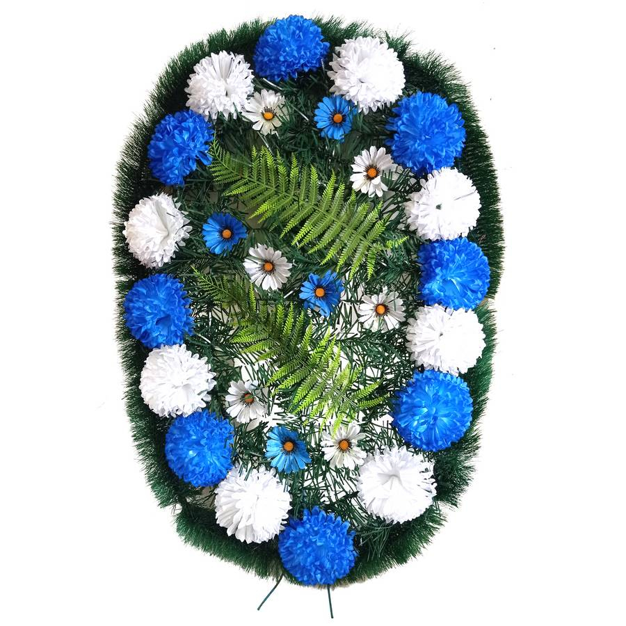 Венок рит-ный Баинат (георгины, шафраны) синие и белые цветы 90см